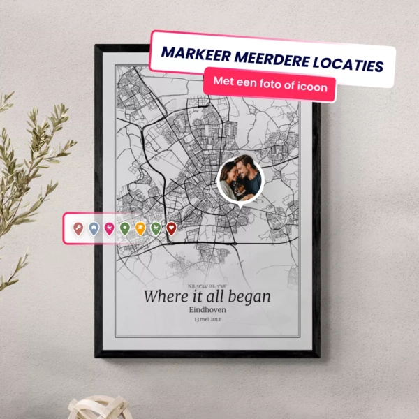 Maak je eigen stadsposter met markers op bijzondere locaties zoals de eerste kus, geboorte, eerste school etc.