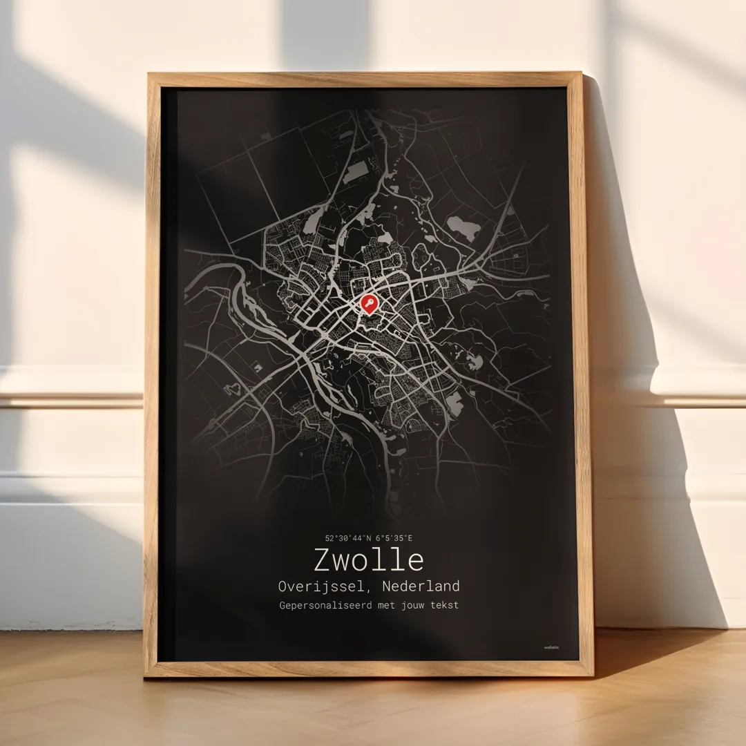 Zwarte stadsposter met de kaart van jouw dorp of stad