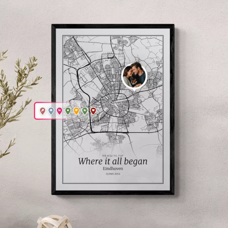 Maak je eigen city map of stadskaart poster met een icoon- of fotomarkering van die bijzondere plek.