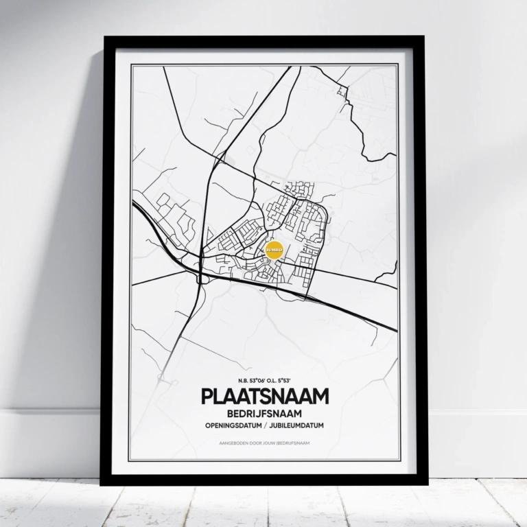 Stadskaart met de locatie van het bedrijf, bedrijfsnaam en logo. Bestel nu jouw bedrijfsgeschenk met logo als origineel cadeau opening nieuw pand