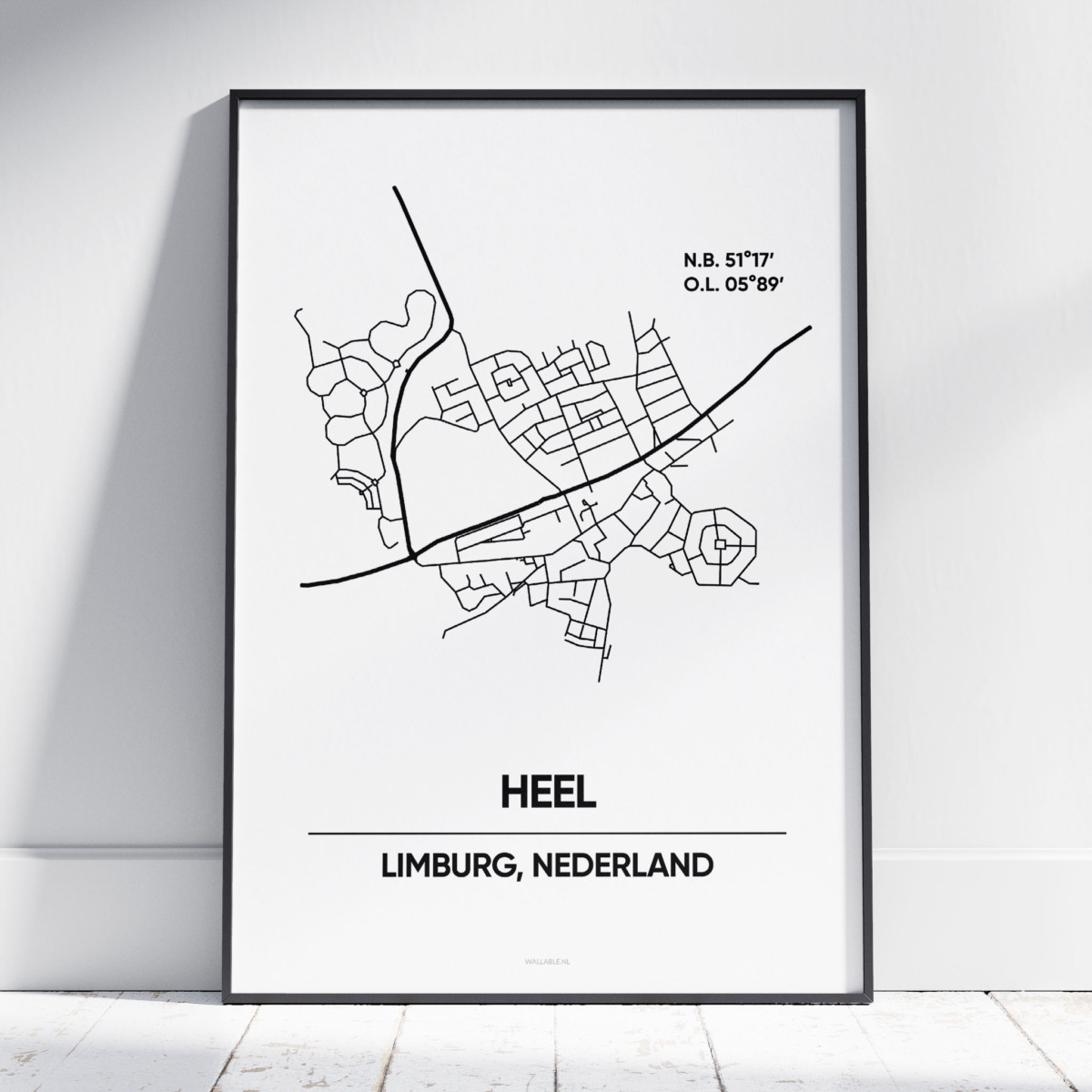 Stijlvolle zwart/wit poster met de kaart van het Limburgse dorp Heel. Geef deze prachtige city map poster cadeau of geef hem een plekje in je eigen woning.