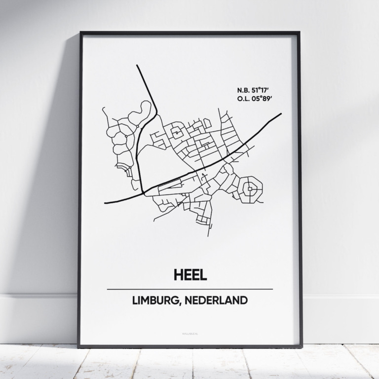 Stijlvolle zwart/wit poster met de kaart van het Limburgse dorp Heel. Geef deze prachtige city map poster cadeau of geef hem een plekje in je eigen woning.