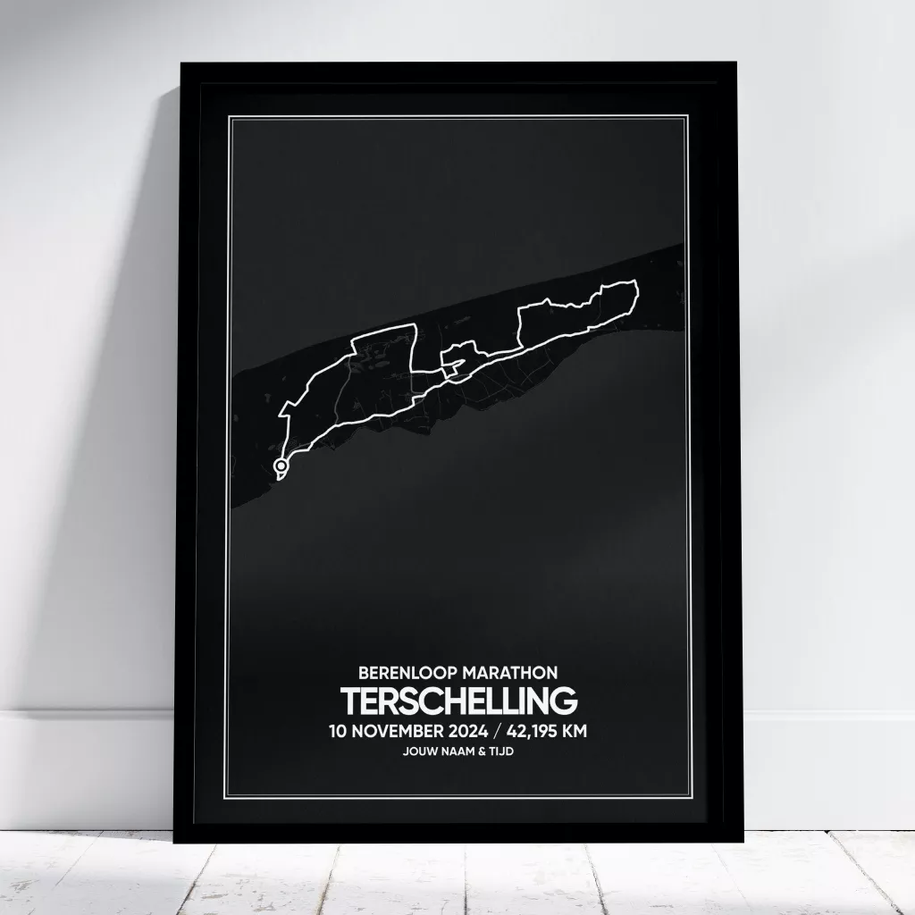Zwarte Berenloop Terschelling Marathon poster met route, naam en tijd