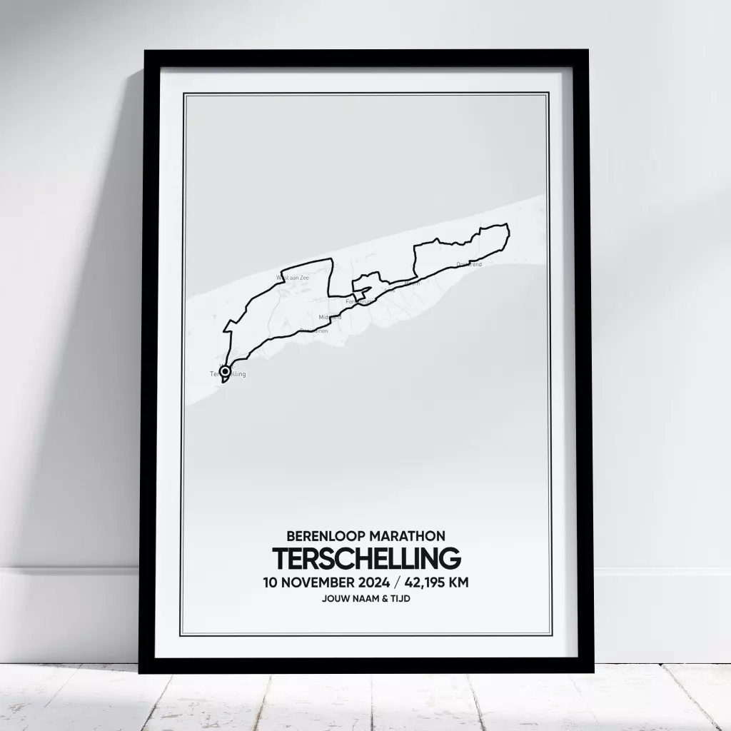 Berenloop Terschelling Marathon poster met route, naam en tijd