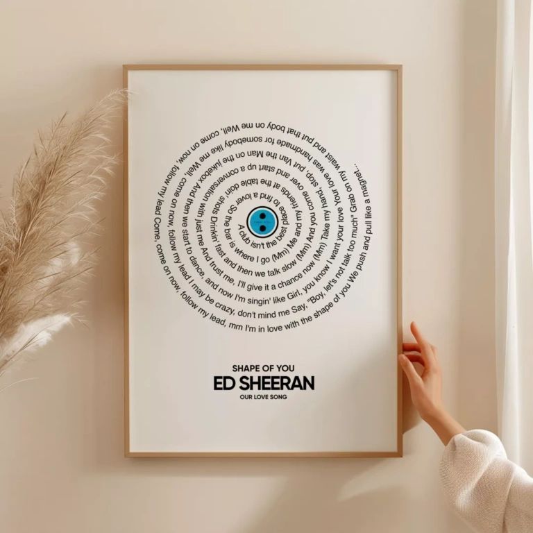 Ed sheeran songtekst poster met houten lijst. Maak zelf jouw songtekst of lyrics poster bij Wallable.