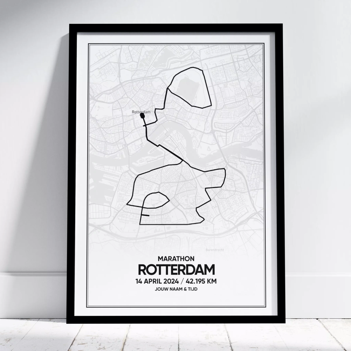 Poster met de route en kaart van de Marathon van Rotterdam 2024