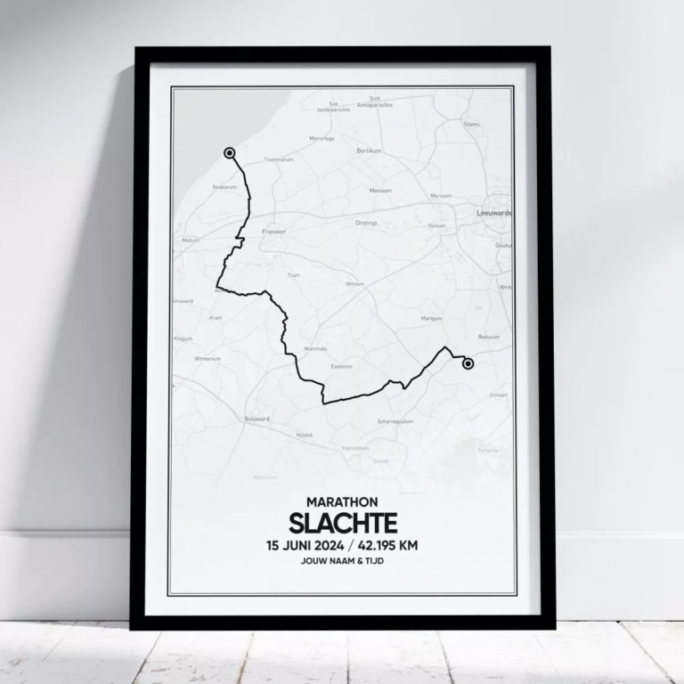 Poster met de route van de slachtemarathon van 2024. De route loopt van Oosterbierum naar Raerd.