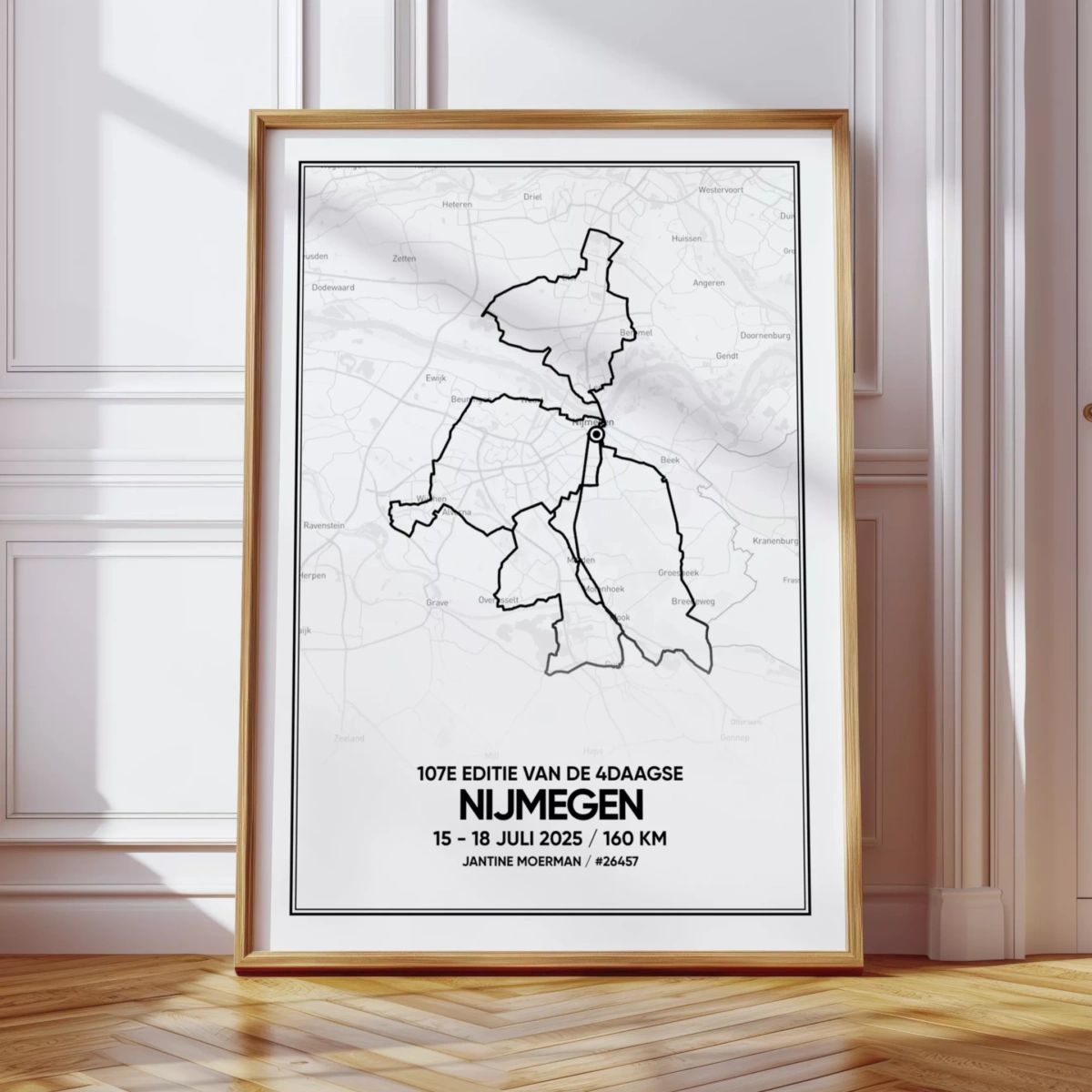4Daagse Nijmegen poster met de route van 160km in eiken lijst / 4Days Marches/Walk of the World print 2025 (with name & start number)
