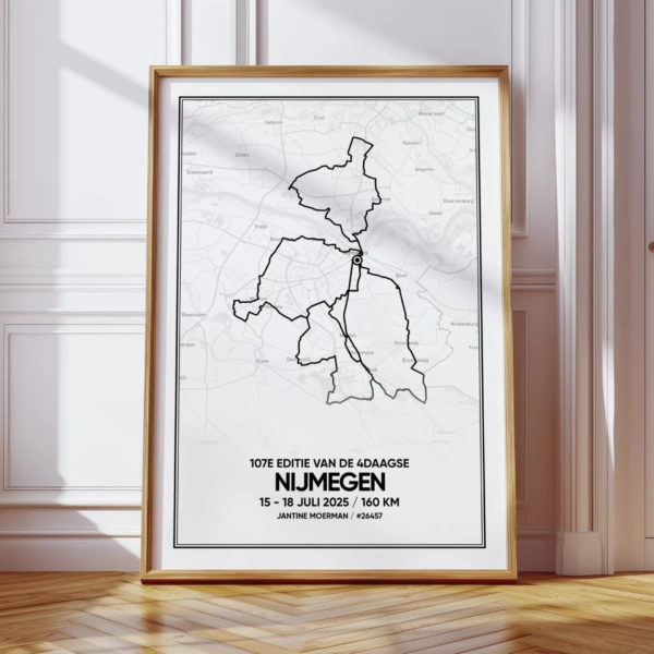 4Daagse Nijmegen poster met de route van 160km in eiken lijst / 4Days Marches/Walk of the World print 2025 (with name & start number)