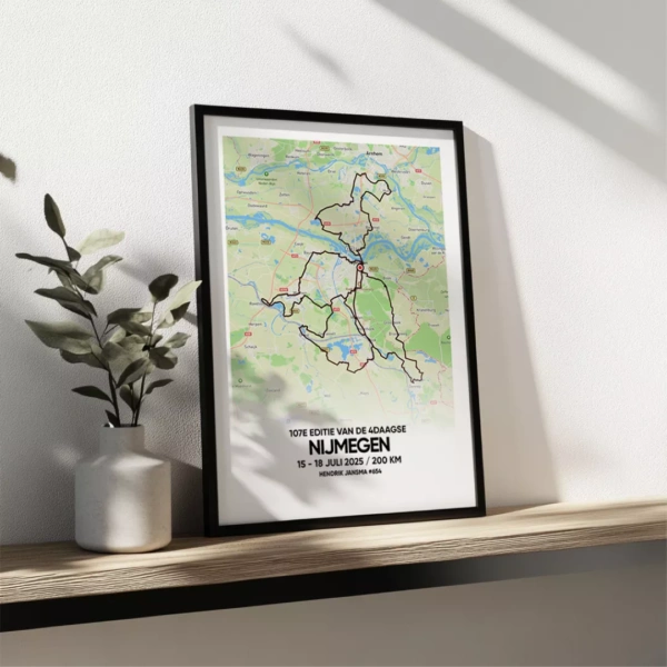 4daagse nijmegen poster met gekleurde kaart en route van 200km / 4Days Marches/Walk of the World print 2025 (with name & start number)