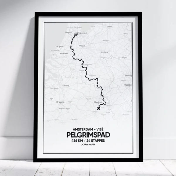 Poster met de route van het Pelgrimspad LAW 7. Prachtige 456km lange route van Amsterdam naar Visé.