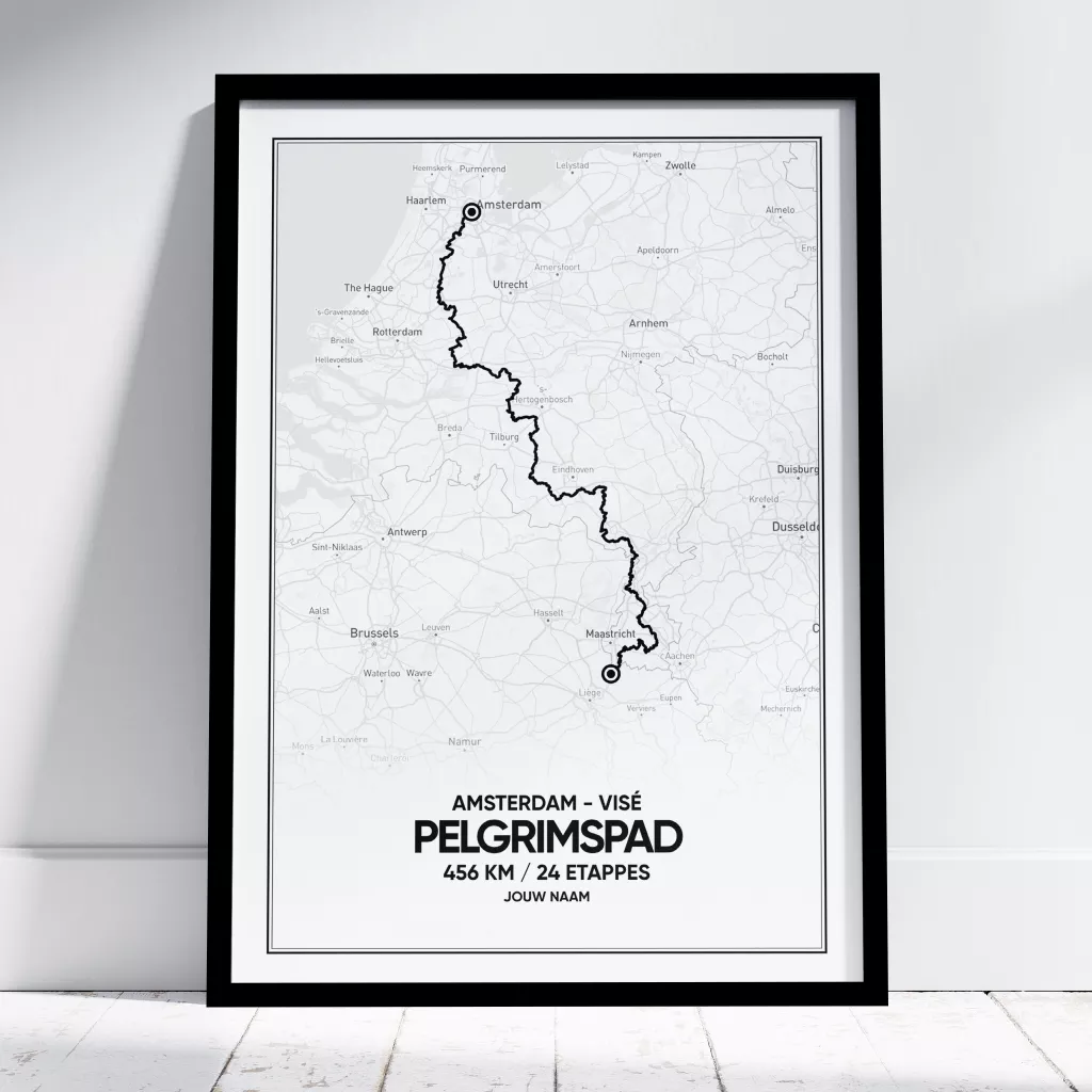Poster met de route van het Pelgrimspad LAW 7. Prachtige 456km lange route van Amsterdam naar Visé.