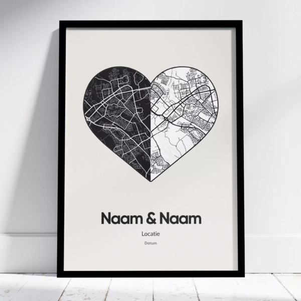 Lovemap poster met de woonplaatsen van de geliefden