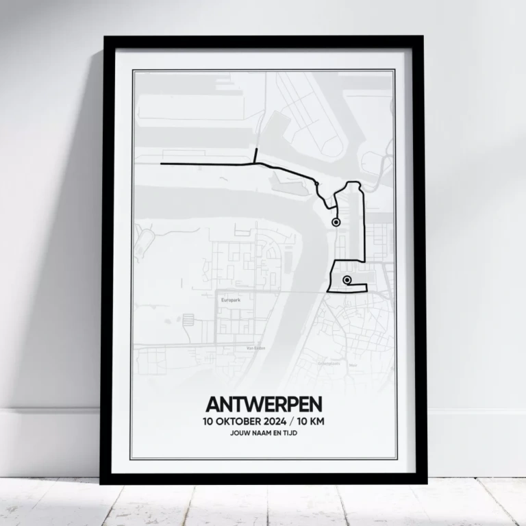 Poster met de route van de 10KM van Antwerpen van 2024