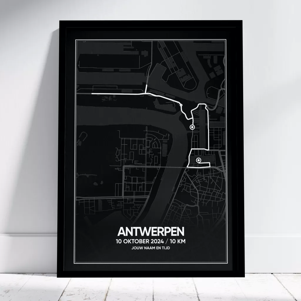 Poster met de route van de 10KM van Antwerpen van 2024 in het zwart