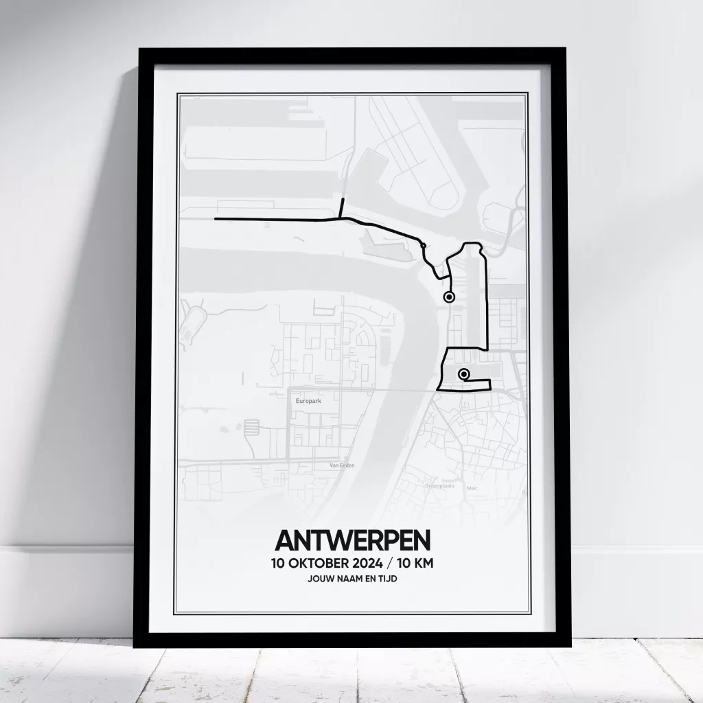 Poster met de route van de 10KM van Antwerpen van 2024