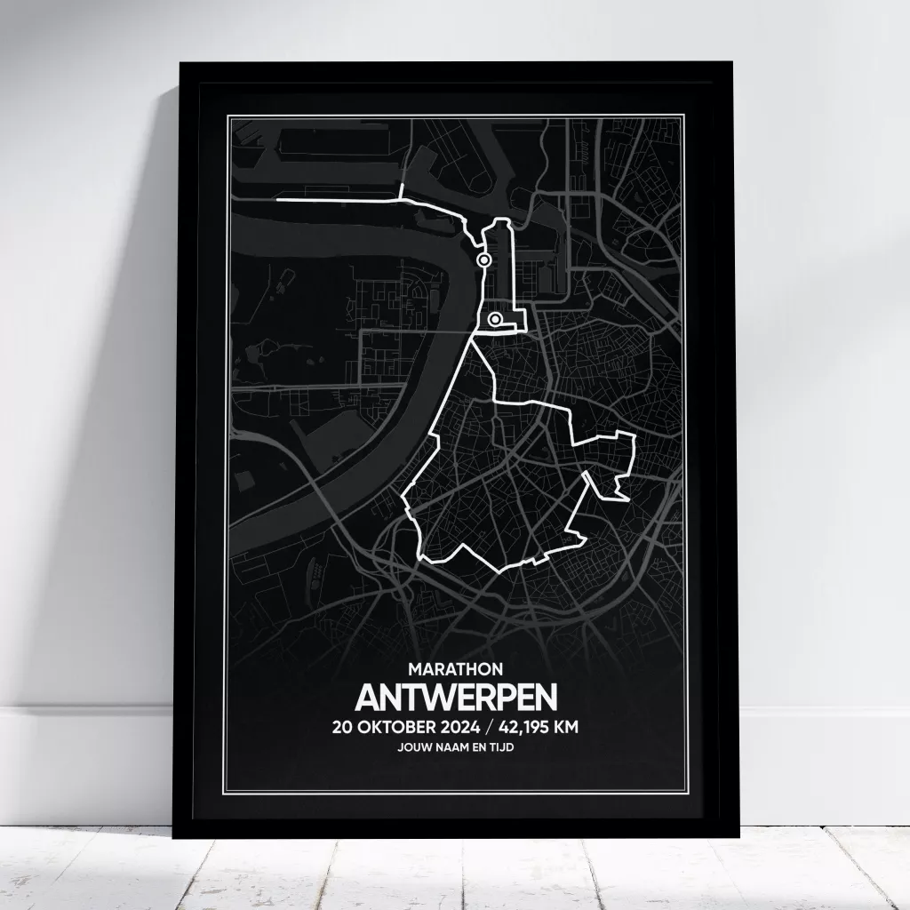 Poster met de route van de marathon van Antwerpen van 2024 in het zwart