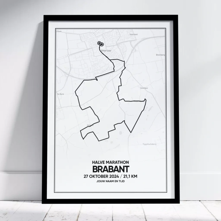 Poster met de route van de Brabant Halve Marathon Etten-Leur 2024 in zwarte lijst