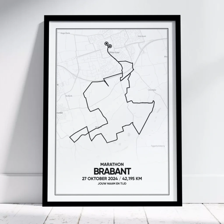Poster met de route van de Brabant Marathon Etten-Leur 2024 in zwarte lijst