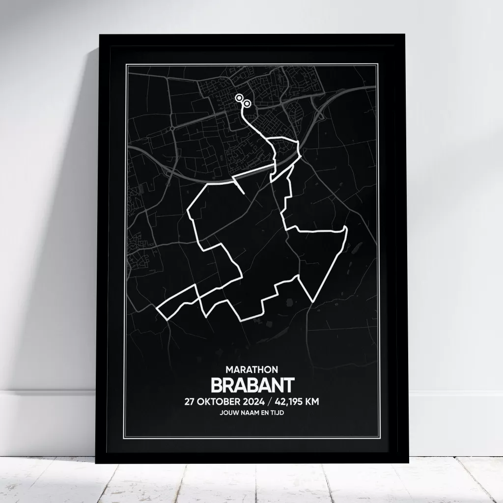 Poster met de route van de Brabant Marathon Etten-Leur 2024 in het zwart in zwarte lijst