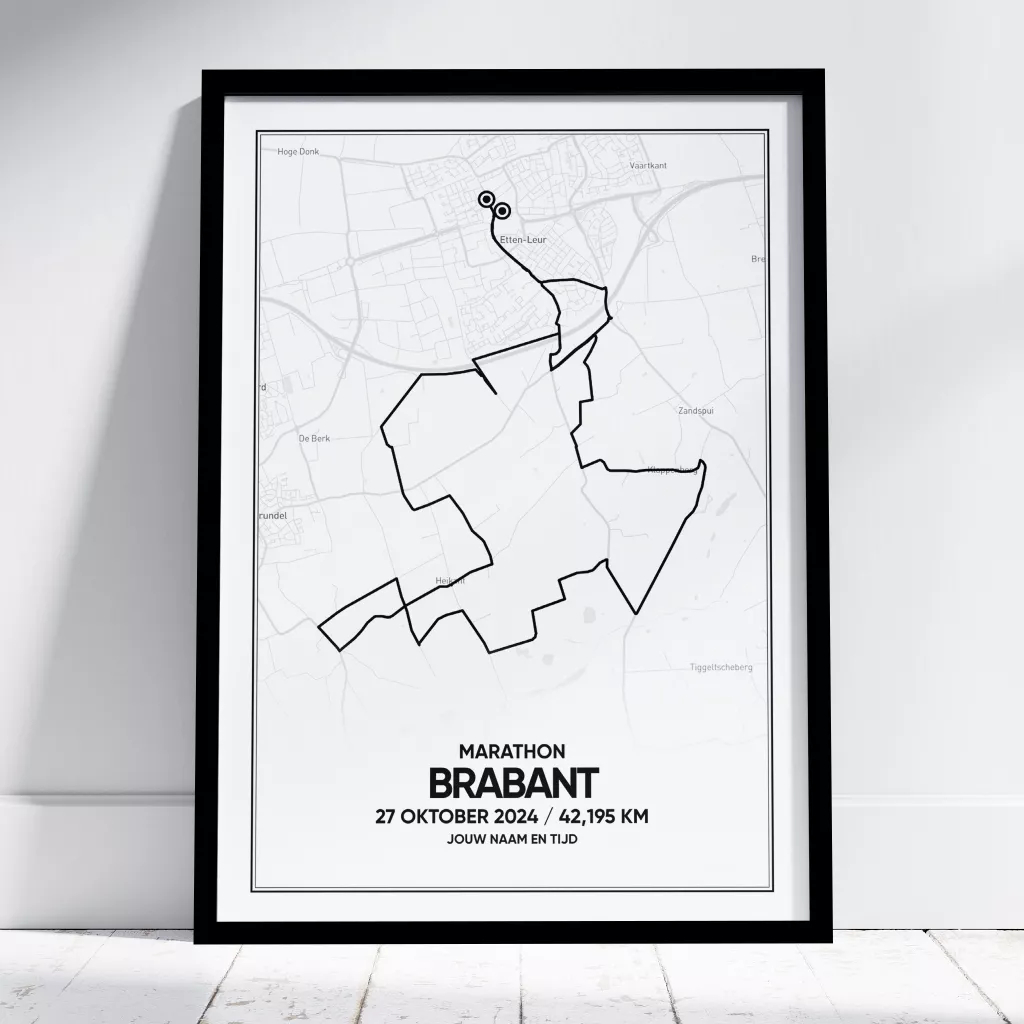 Poster met de route van de Brabant Marathon Etten-Leur 2024 in zwarte lijst
