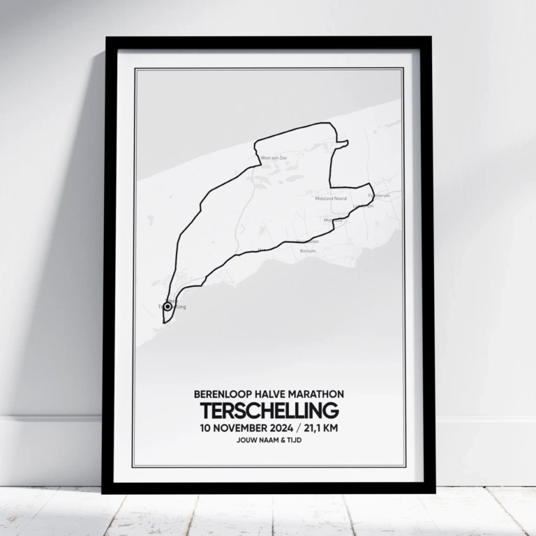 Berenloop Terschelling Halve Marathon poster met route, naam en tijd