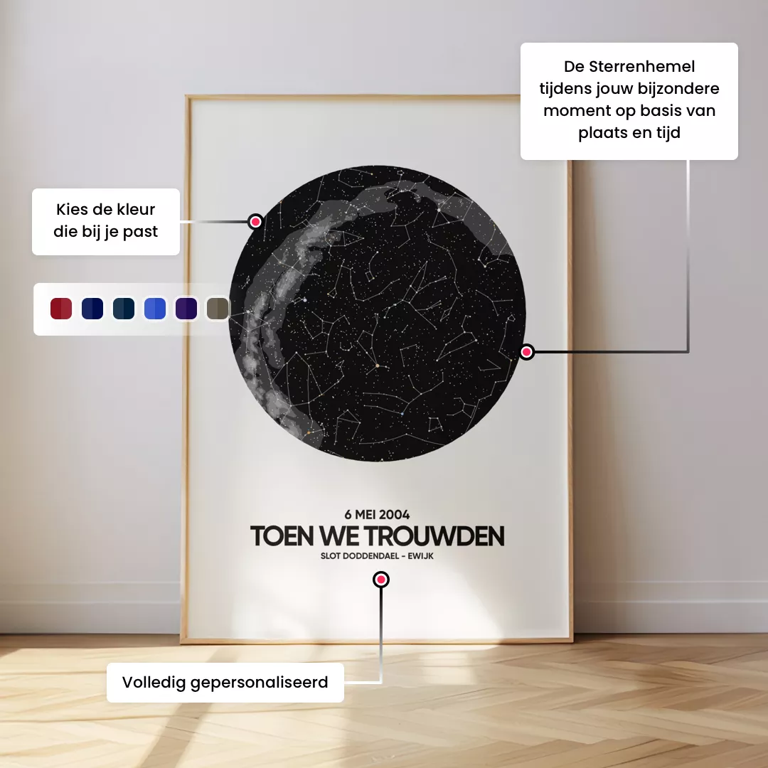 Sterrenkaart poster met de sterrenhemel van jouw bijzondere moment.