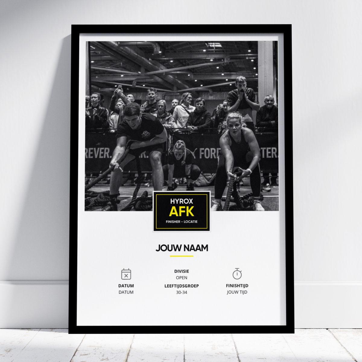 Maak jouw eigen HYROX poster. Kies een event, je naam, finishtijd en foto en toon je trots op je prestatie.