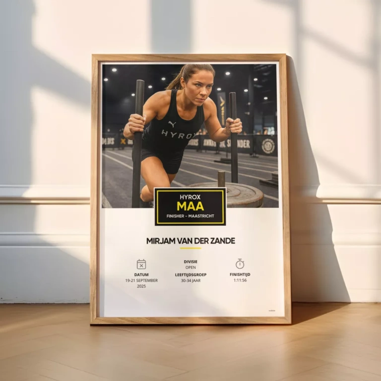 Maak zelf jouw HYROX Maastricht poster als aandenken aan deze topprestatie.