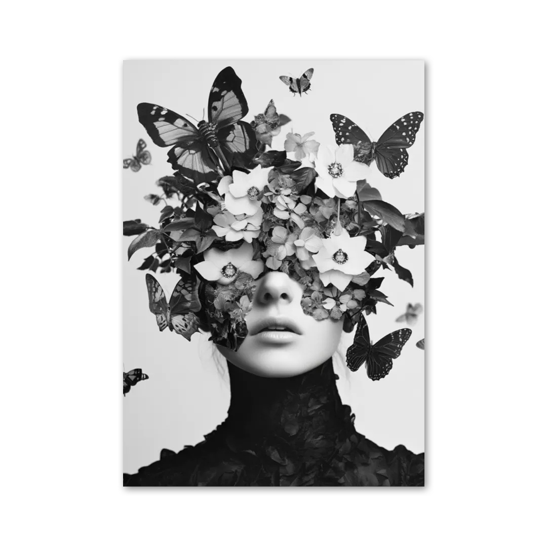 Black and white image with floating leaves, flowers, and small creatures