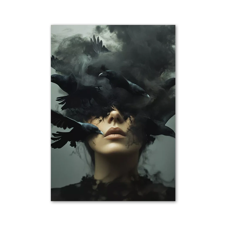 Lady with black hair, ravens and smoke