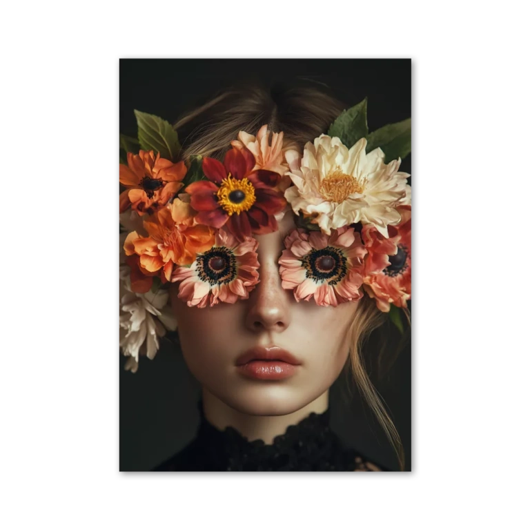 Portrait of a woman with flowers instead of eyes