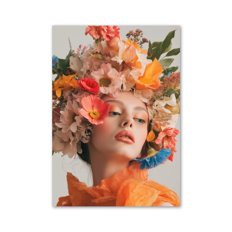 Woman in orange with beautiful flowers