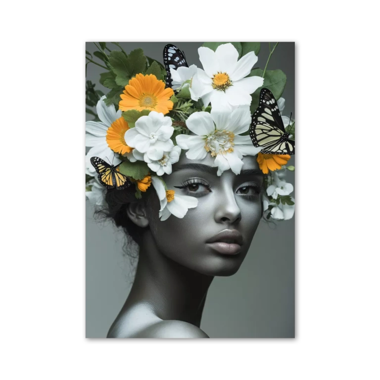 Woman with flowers and butterflies in her hair
