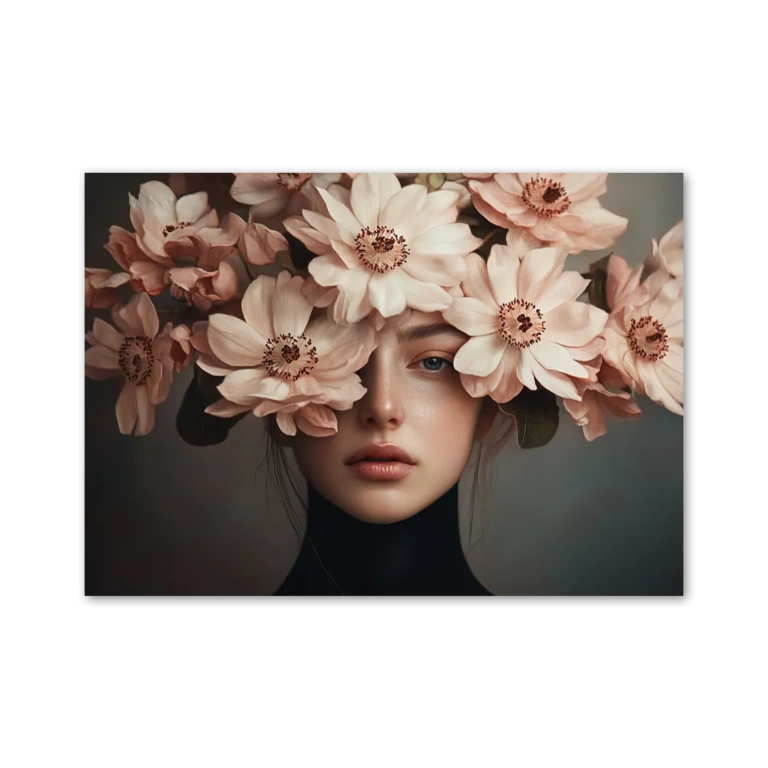 Woman with light pink flowers on her head