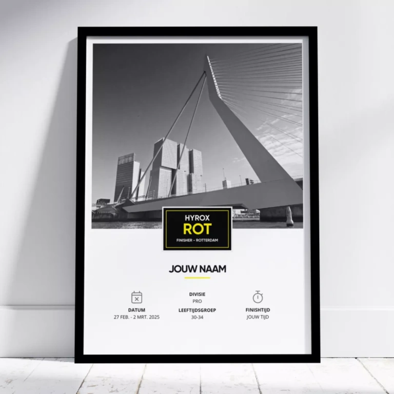 HYROX Rotterdam sport prestatie poster. Maak hem eenvoud zelf. Volledig gepersonaliseerd.