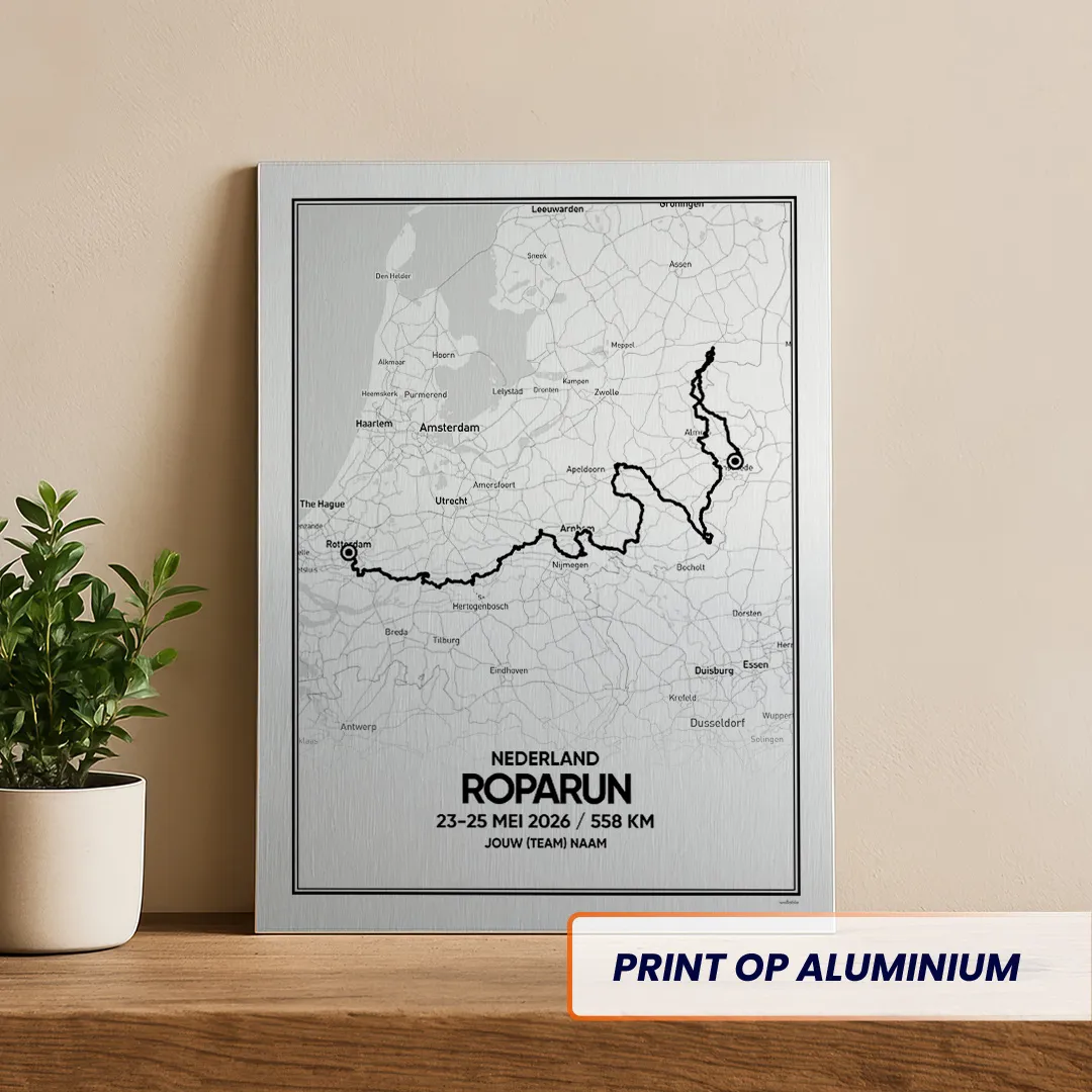 Route van de Roparun Nederland editie van 2026 op aluminium