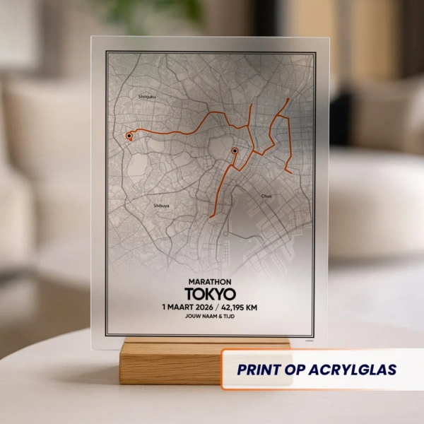 De route van de Tokyo marathon 2026 op acrylglas