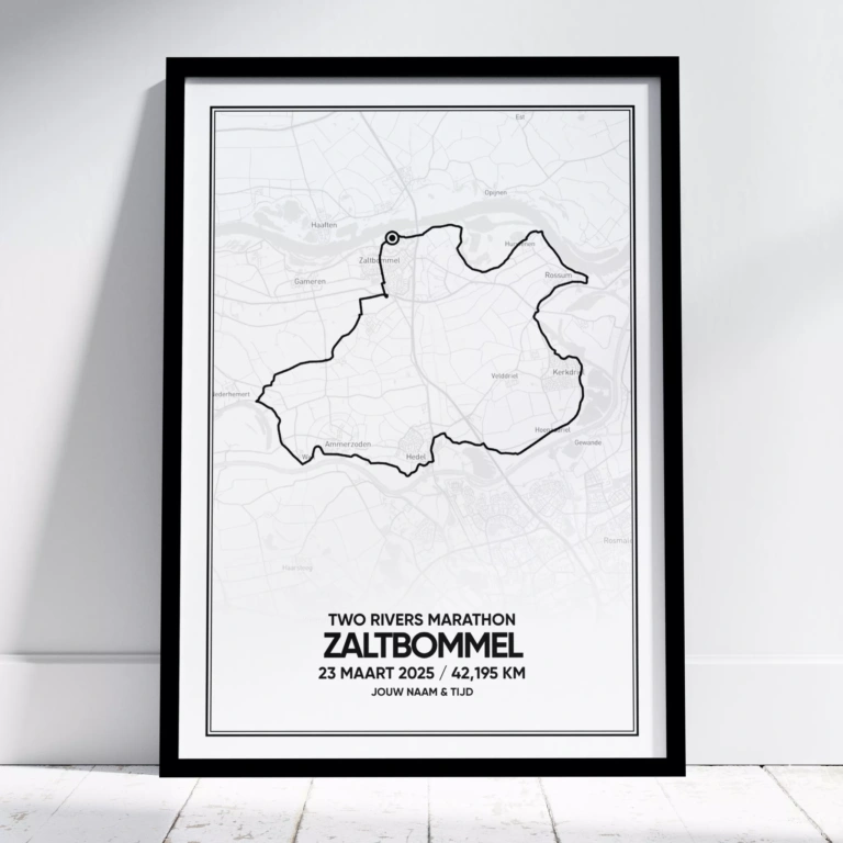 Poster met de route van de Two Rivers Marathon die start in Zaltbommel