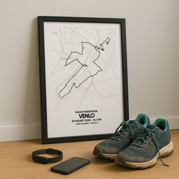 Poster met de route van de Halve Marathon van Venlo in zwarte lijst