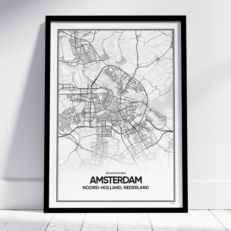 Amsterdam poster - Gepersonaliseerde stadskaart met locatie pin en tekst en stijl naar keuze