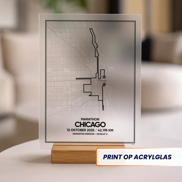 Print met de route van de Chicago marathon 2025 op acrylglas