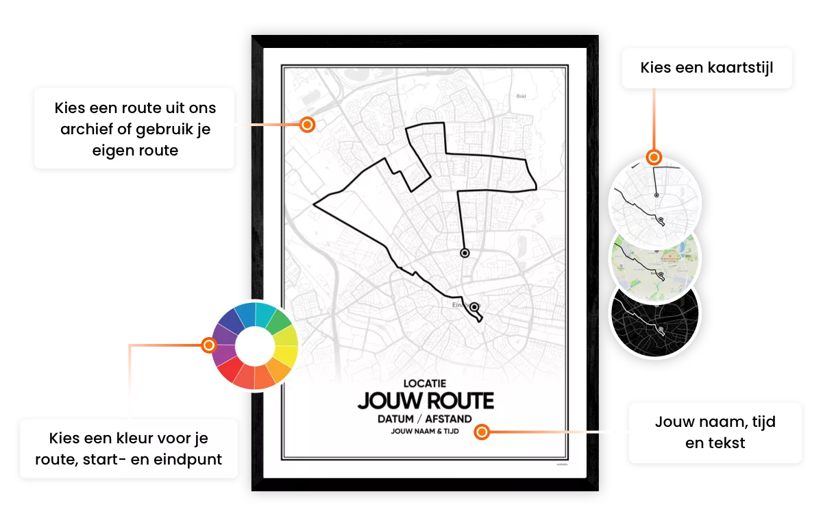 Maak eenvoudig je eigen sport route poster met een route uit ons archief of een gpx van je eigen Strava of garmin route.