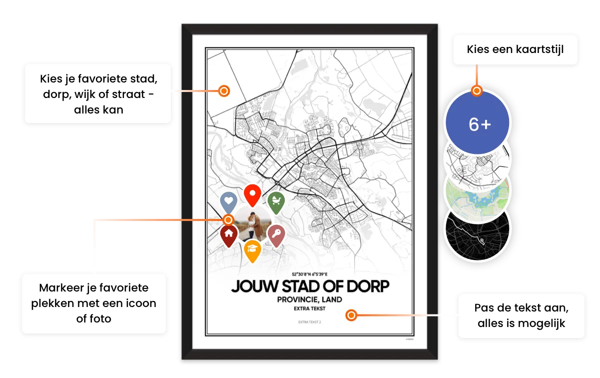 Maak je eigen stadskaart poster met markeringen op jouw favoriete locaties