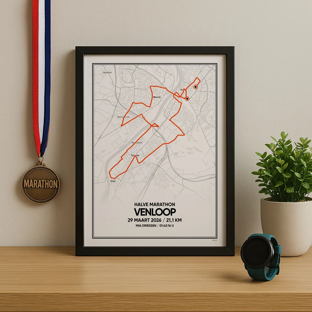Poster met de route van de Venloop halve marathon van 2026