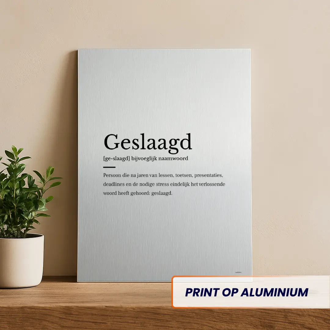 Geslaagd woordenboek aluminium print