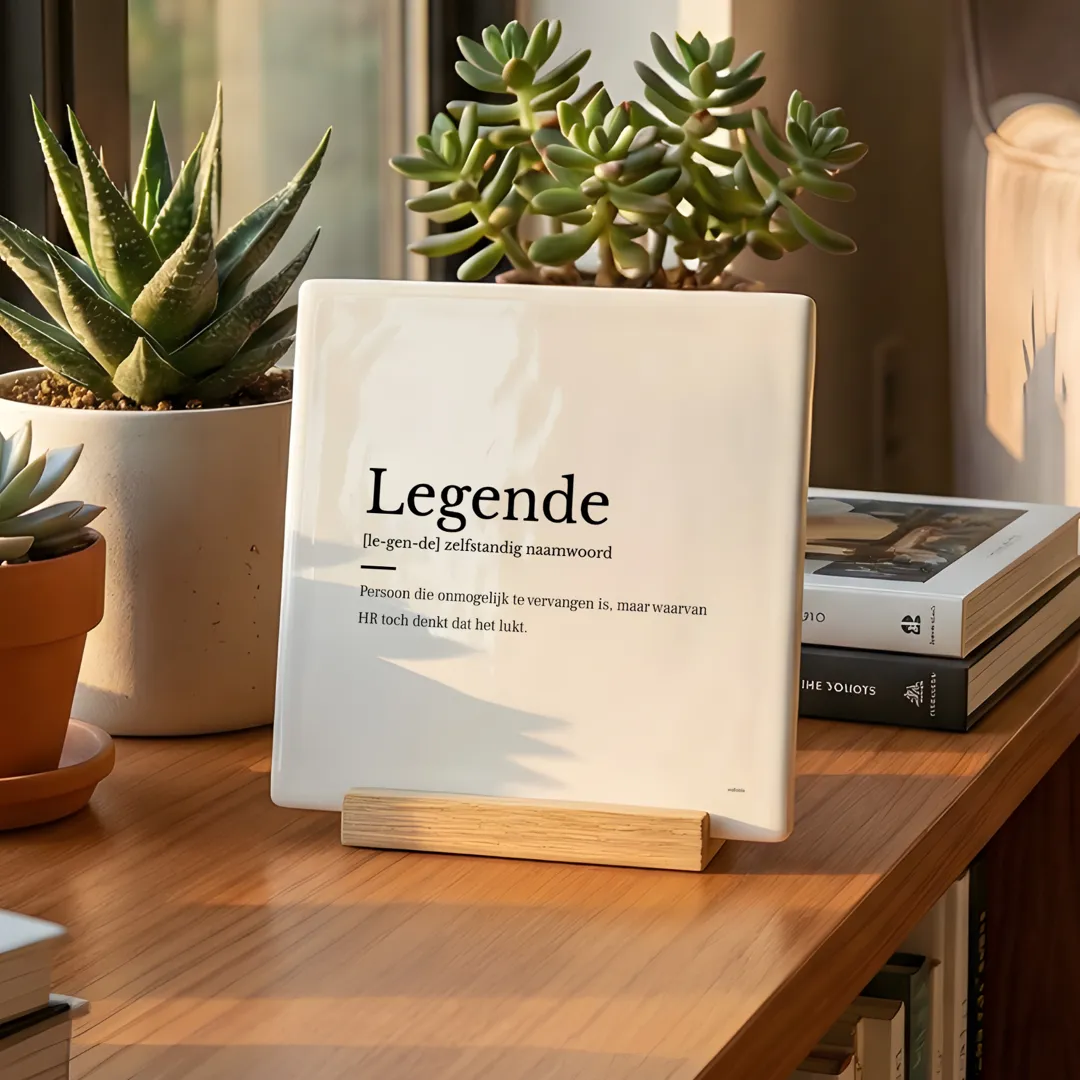 Afscheidscadeau collega - Legende tegeltje in eiken standaard. Persoon die onmogelijk te vervangen is, maar waarvan HR toch denkt dat het lukt.