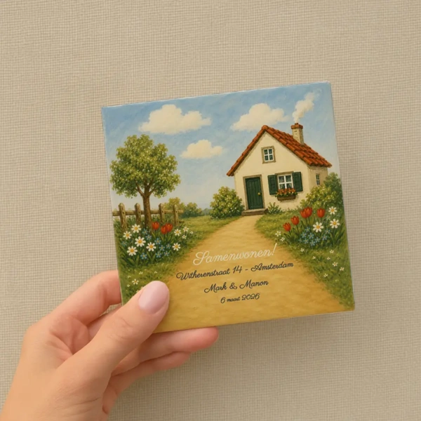 Samenwonen tegeltje met een illustratie van een huisje met daaronder jullie namen en de verhuisdatum. Een ideaal housewarming geschenk