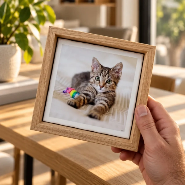 Foto van jouw kat op een handgebakken tegeltje in lijst